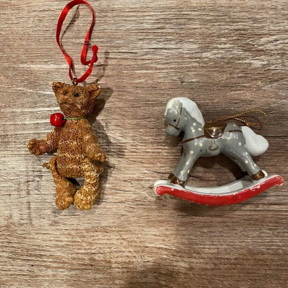 Vintage Kurt Adler Brown Tabby Cat and Polka Dot Rocking Horse Ornament Set of 2 - Picture 6 of 6